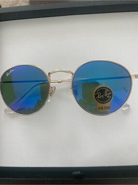 Ray-Ban Gold Frame Sunglasses with Blue Mirror Lenses